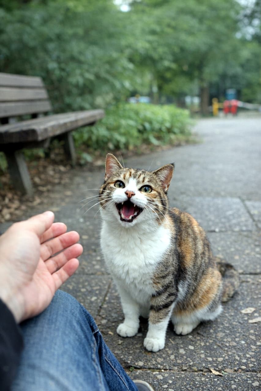 「昨日なでなでした公園の野良猫ちゃんに偶然再会!「昨日のなでなで覚えてたよ〜🐾」私の手を見上げて、愛らしい声でずーっとお話ししてくれて感動💕」A vertical photograph of a stray calico-tabby cat sitting on a paved park path. The cat is looking up at the photographer's extended hand with its mouth wide open, eagerly meowing as if talking and happy to reunite after being petted the day before. A blurred wooden bench and trees are in the background. 公園の石畳にちょこんと座り、昨日自分をなでてくれた撮影者との再会を喜ぶように、差し出された手を見上げて一生懸命に話しかけてくる(鳴いている)キジ白(三毛)の野良猫の縦長写真。背景には木製のベンチと緑の木々がぼやけて写っている