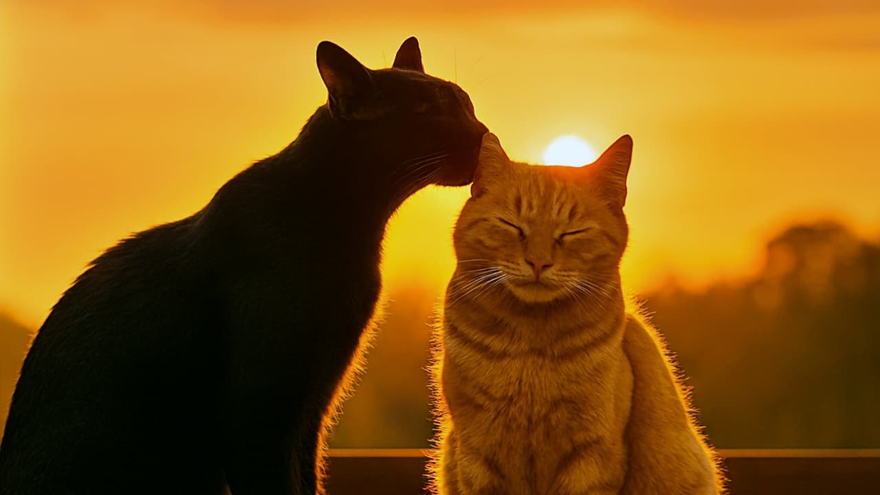 夕暮れの木製ポーチに並ぶ黒猫と茶トラ猫。黒猫が茶トラの耳を舐め、夕陽が二匹の間から差し込み、毛並みを柔らかく縁取っている。背景にはオレンジから黄金色に変わる空