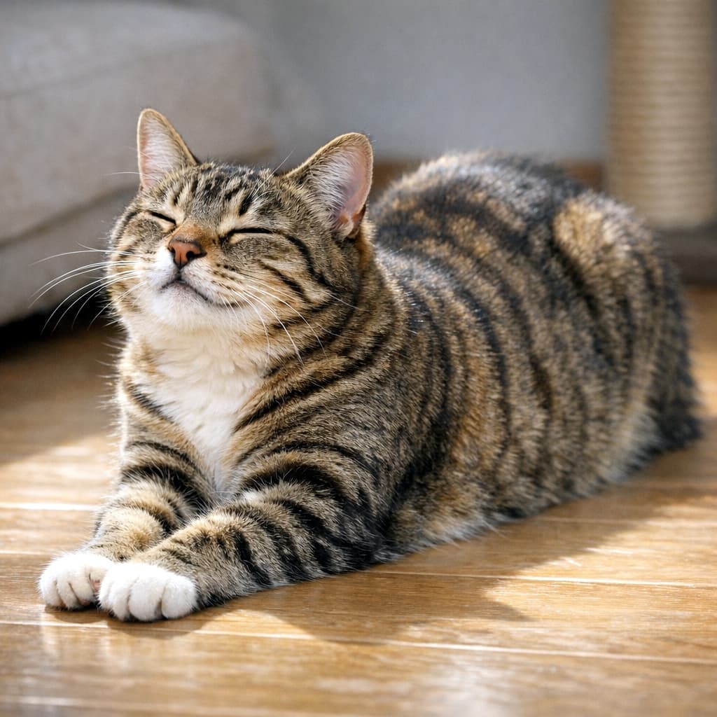 「香箱ねんねからのおててピーン！🐾☀️ お日様の光が気持ちよすぎて、思わずお顔がほころんじゃうニャ〜😽💕 #猫のいる暮らし #ひなたぼっこ #癒し」Ultra-realistic high-quality square photograph of a tabby and white cat lying on a wooden floor with its front paws stretched out. The cat has its eyes closed and its head tilted slightly upwards, blissfully enjoying the warm sunlight on its face. 室内の木目の床の上に伏せ、前足を真っ直ぐ前に伸ばして目を細めているキジトラ白の猫。顔を少し上に向け、暖かい日差しを顔全体で受け止めて至福の表情を浮かべている様子が捉えられた、正方形の高画質写真
