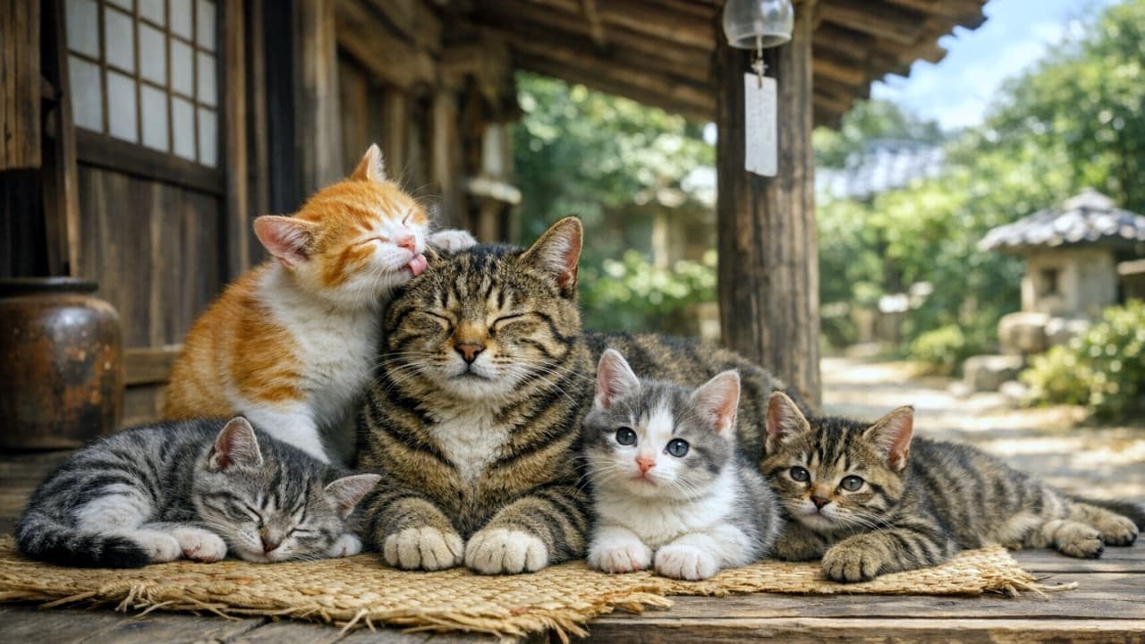 「軒下の午後、毛づくろいも家族のしるし〜古民家の縁側で身を寄せ合う猫の親子。母猫の頭を毛繕いする子猫の姿に癒やされます」A wide horizontal photograph shows a mother cat and her kittens relaxing under the wooden eaves of an old Japanese farmhouse. The mother cat sits calmly on a straw mat while an orange and white kitten gently grooms her head. To the left, a gray tabby kitten sleeps curled up, and to the right, two kittens—a white and gray one with blue eyes and a brown tabby—rest and gaze toward the camera. The rustic house, bamboo pillar, and hanging glass wind chime frame the scene, with a sunlit garden and stone lantern softly blurred in the background. 横長構図で、古民家の軒下に母猫と子猫たちが並んでくつろいでいる。中央では母猫が穏やかに座り、茶白の子猫が頭を毛づくろいしている。左には灰色の子猫が丸くなって眠り、右側には青い目の白灰の子猫と茶トラの子猫が並んでこちらを見ている。竹柱や風鈴、石灯籠のある庭が背景にぼんやりと映り、木の温もりと春の日差しが柔らかく広がっている