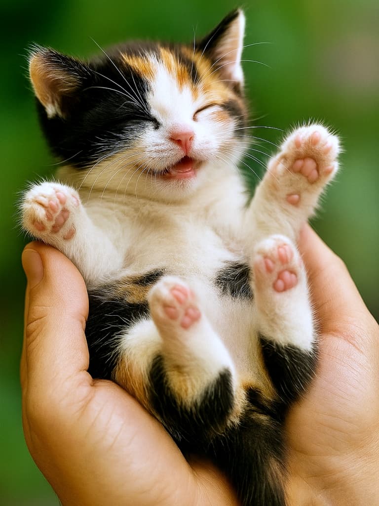 両手のひらに仰向けで抱かれ、目を閉じてごろごろと甘える三毛の子猫。白いお腹を見せ、小さな肉球がピンク色に光っている