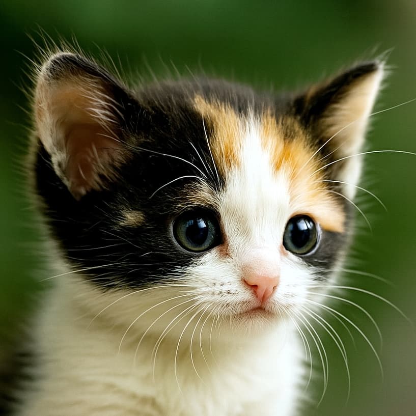 三毛のちび子猫の顔。オレンジ・黒・白の毛色が小さな体に散りばめられている