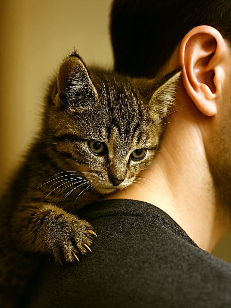 子猫が人の首筋に鼻先を押し付け、爪で服を軽くつかみながらしがみついている。縦長構図で、暖かい室内光が子猫の毛並みと人の首筋をやさしく照らしている