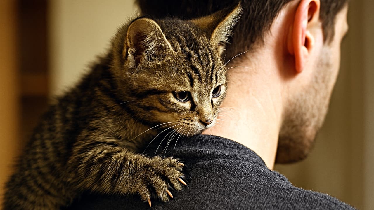 子猫が人の肩に恐る恐るしがみつき、爪先を服に軽く食い込ませながら首筋に鼻先を押し付けて安心を求めている。暖かい室内光に包まれた横長構図のリアル写真風