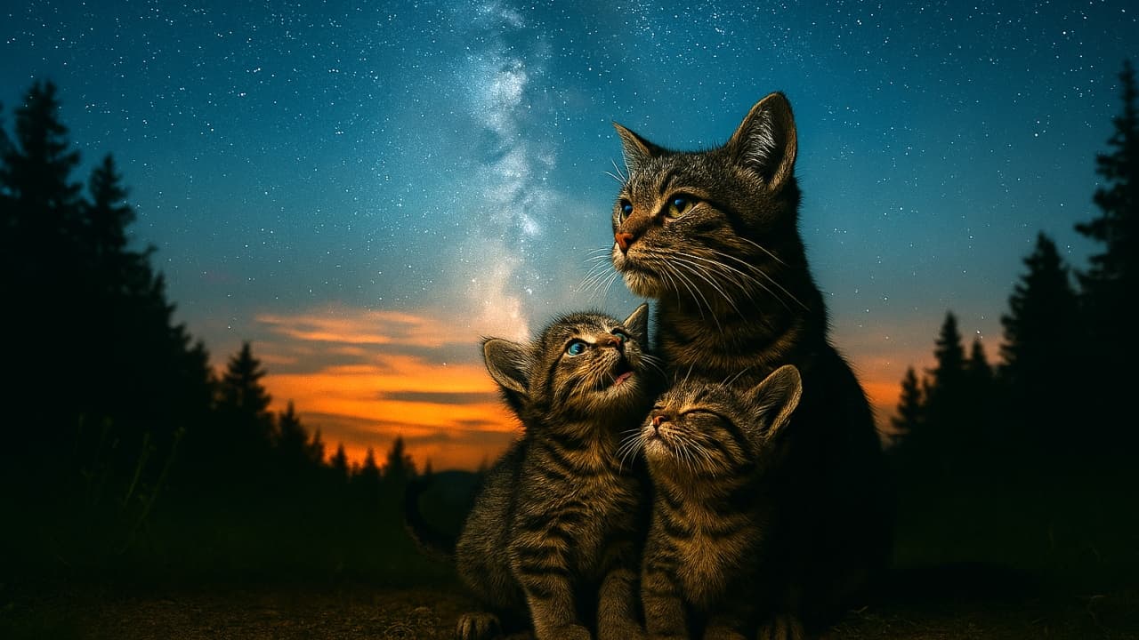 母猫と２匹のちびキジトラ子猫が草原に並んで座り、夜空いっぱいの星と天の川を見上げている。背中を寄せ合い、広がる宇宙の下で静かに寄り添う親子の姿