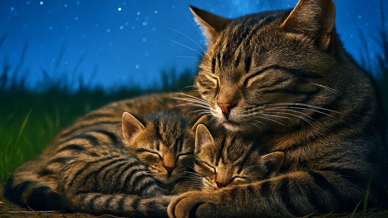 星空の下、母猫が２匹の小さなキジトラ子猫を抱き寄せて眠っている。横長構図で夜空と草原の広がりが強調されたリアル写真風の高解像度イメージ