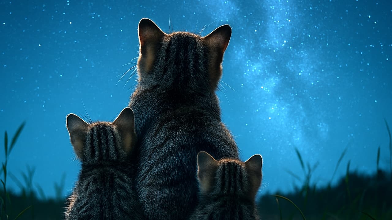 母猫と２匹の手のひらサイズの子猫が寄り添い、草原に座って夜空を見上げている。毛並みに星の光が柔らかく反射し、天の川が横長の画角に流れる