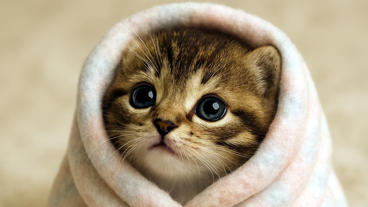 パステルカラーのベビー毛布にくるまれた小さな子猫が、大きな瞳で見上げている。ふわふわの毛並みと柔らかな光が、温もりと愛らしさを引き立てる