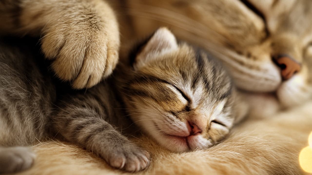 A close-up of a sleeping kitten nestled against an adult cat, with the adult's paw gently resting over the kitten in a warm and protective embrace.