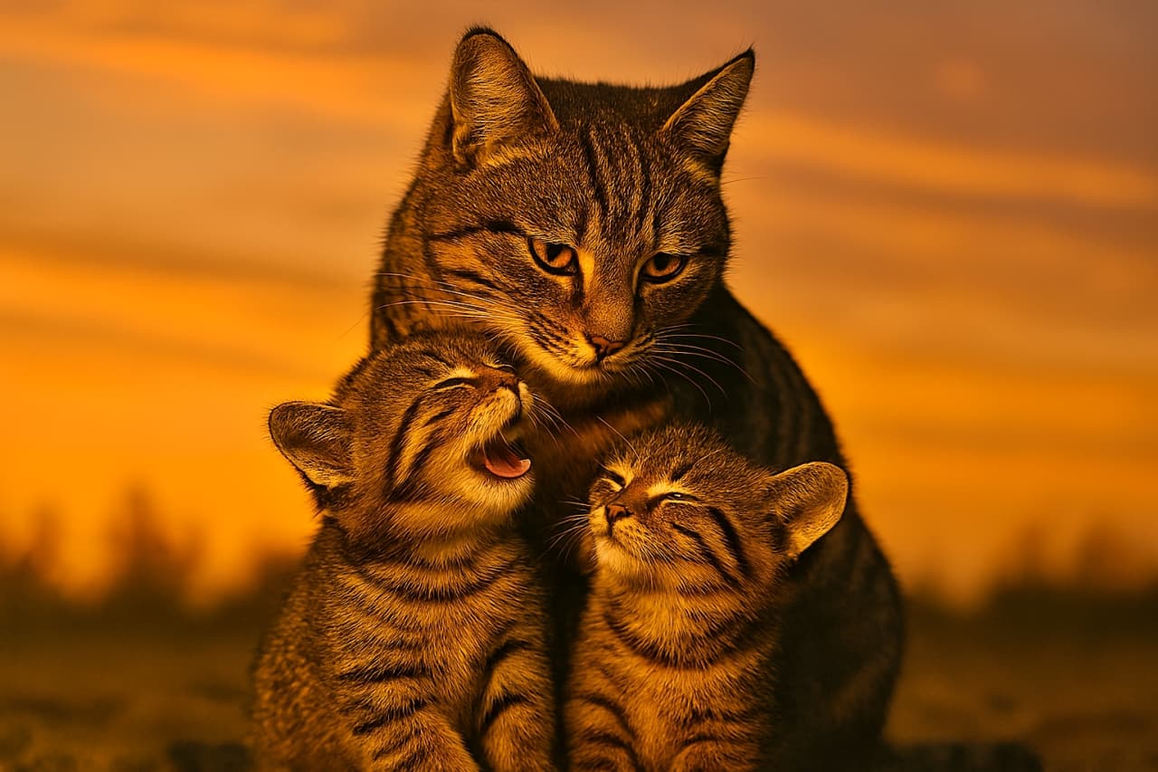 夕焼け空を背景に、母猫が子猫を見つめるやさしい瞬間。もう一匹の子猫も寄り添い、三匹が三角形の構図で収まる