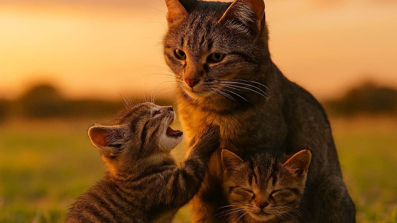 黄金色の夕暮れの草原で、母猫が子猫を見下ろしながら優しく迎え、左の子猫は胸元に飛びつき、右の子猫は足元に寄り添って眠るように安心している横長構図のリアル写真風シーン