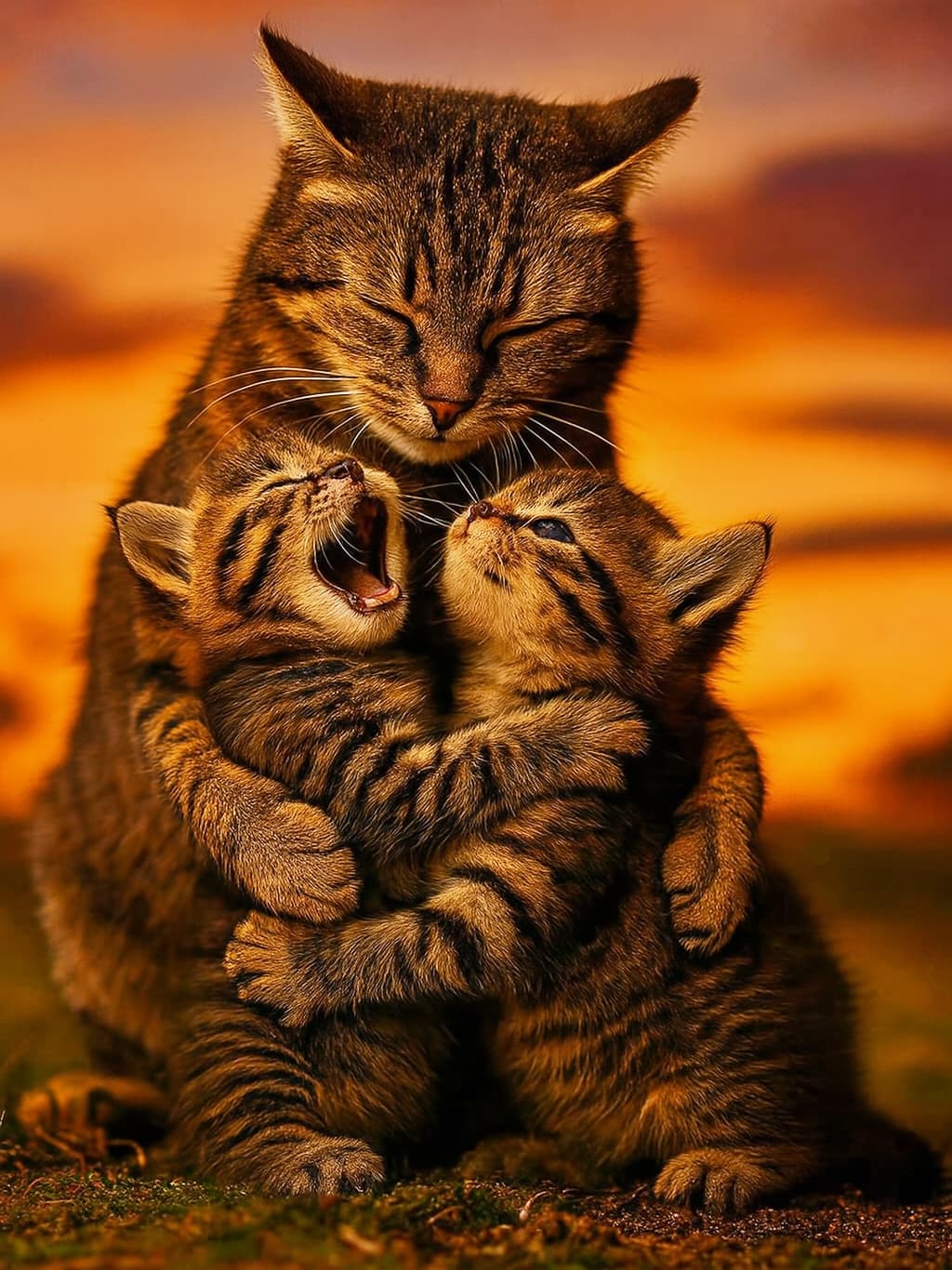 夕暮れの光に包まれた母猫が２匹の子猫を迎え入れ、子猫たちは喜びに満ちて飛びつき、再会の温かさが伝わるシーン。A mother tabby cat embraces her two kittens at sunset, as the kittens leap toward her with joy, their fur glowing warmly in the golden light.