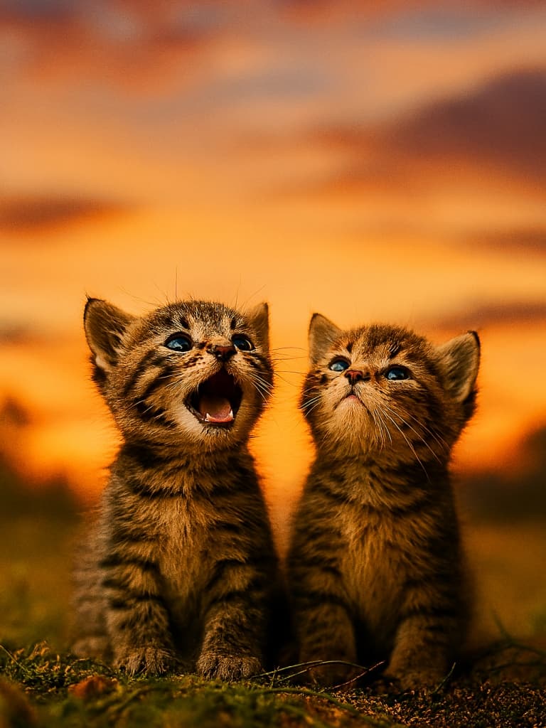 夕暮れの鮮やかな空を背景に、２匹の小さなキジトラ子猫が並んで座り、片方は口を開けて鳴き、もう片方は静かに空を見上げて「待ち望む気持ち」を表している。Two small tabby kittens sit side by side against a vivid sunset sky, one meowing with its mouth open while the other gazes upward quietly, expressing a longing mood.