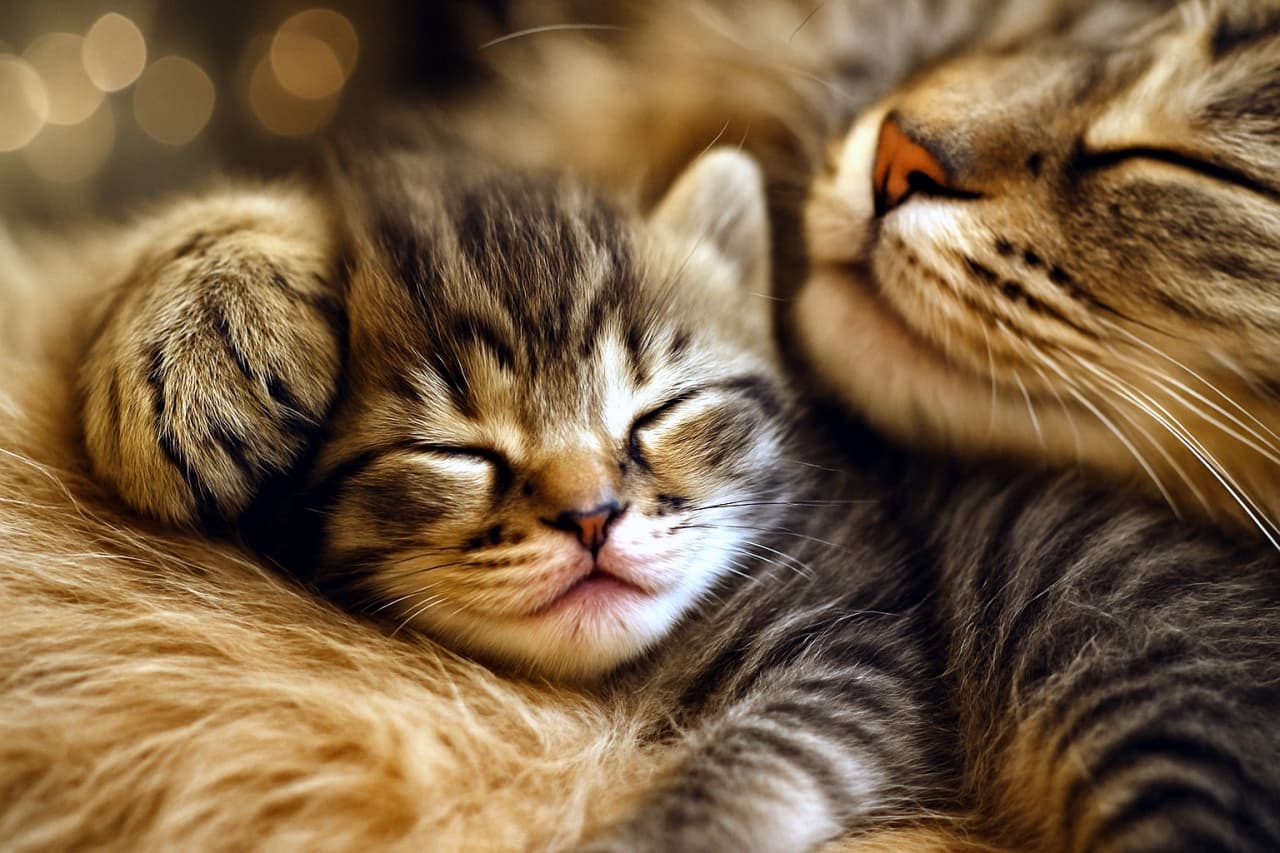 茶トラ模様の子猫が目を閉じて眠り、大人の猫に寄り添われている。大人猫は前足を子猫の頭に優しく添え、二匹とも安心した表情でカーペットの上に横たわっている。柔らかな光が二匹を包み、温かい雰囲気が漂う