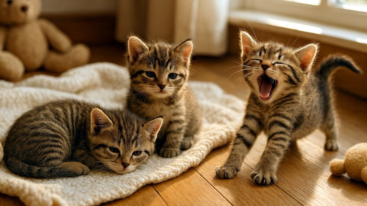 日差しの差し込む木の床の上、柔らかな毛布でくつろぐ3匹の子猫。1匹は丸くなって眠り、1匹は眠そうに頭を上げ、もう1匹は前足を伸ばして大きなあくびをしている。周囲にはぬいぐるみが置かれ、温かく穏やかな雰囲気。Three kittens in a sunlit room on a soft blanket: one curled up asleep, one lifting its head with sleepy eyes, and one stretching with a big yawn. Plush toys nearby add to the warm, gentle atmosphere.