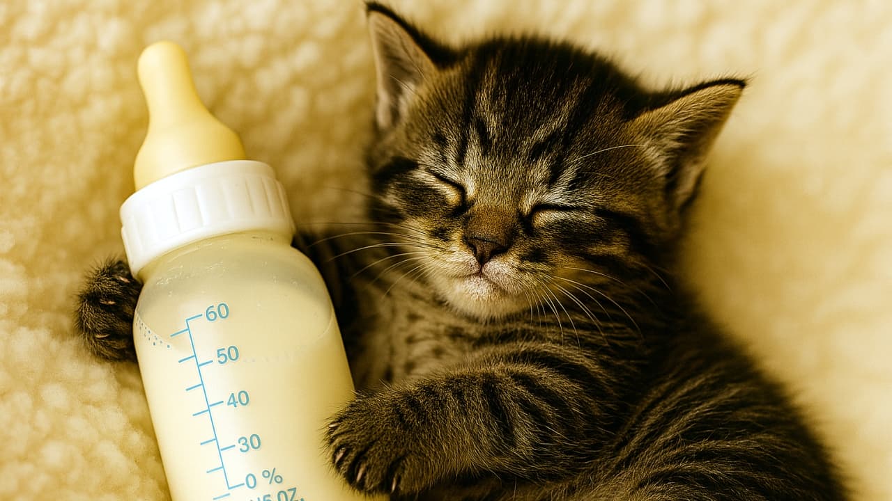 手のひらサイズの子猫が大きな哺乳瓶を抱きしめて眠っており、口元にはうっすらミルクの泡が残っている。柔らかな毛布に包まれ、優しい雰囲気が漂う