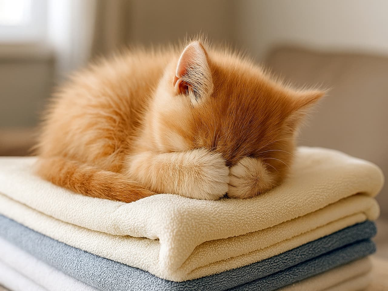 両前足で顔を覆って眠るふわふわのオレンジ色の子猫。洗いたてのタオルの山の上で丸くなり、柔らかな日差しに包まれている