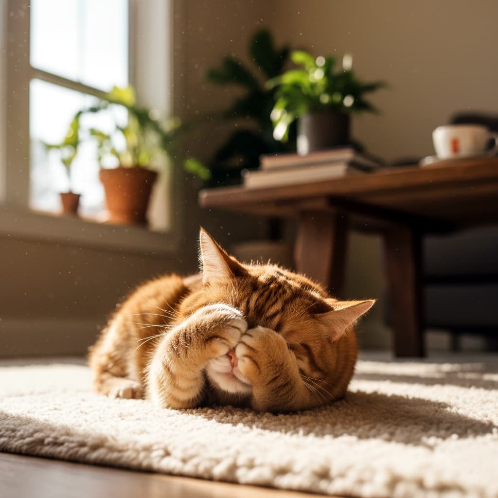 日差しの差し込むリビングのラグの上で、茶トラの子猫が前足で顔を隠して眠っている様子。木製テーブルと観葉植物が背景にあり、穏やかで温かな雰囲気が漂う