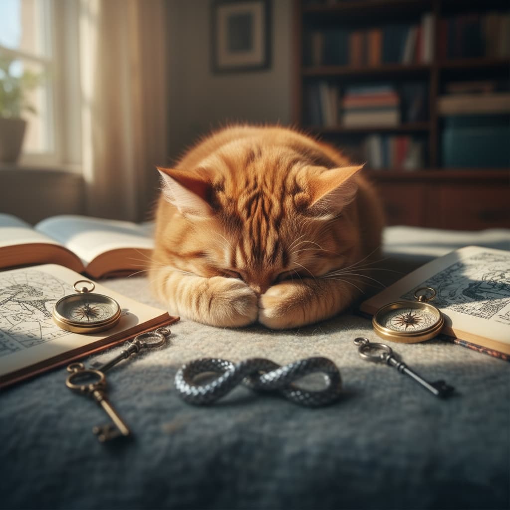 茶トラの猫が両前足で顔を隠すように伏せながら、２冊の地図帳の間に身を預けている。周囲にはヴィンテージ調のコンパス２つ、装飾的な鍵２本、金属製のインフィニティシンボルが並び、柔らかな布地の上に配置されている。背景には本棚と窓があり、自然光が静かに差し込んでいる