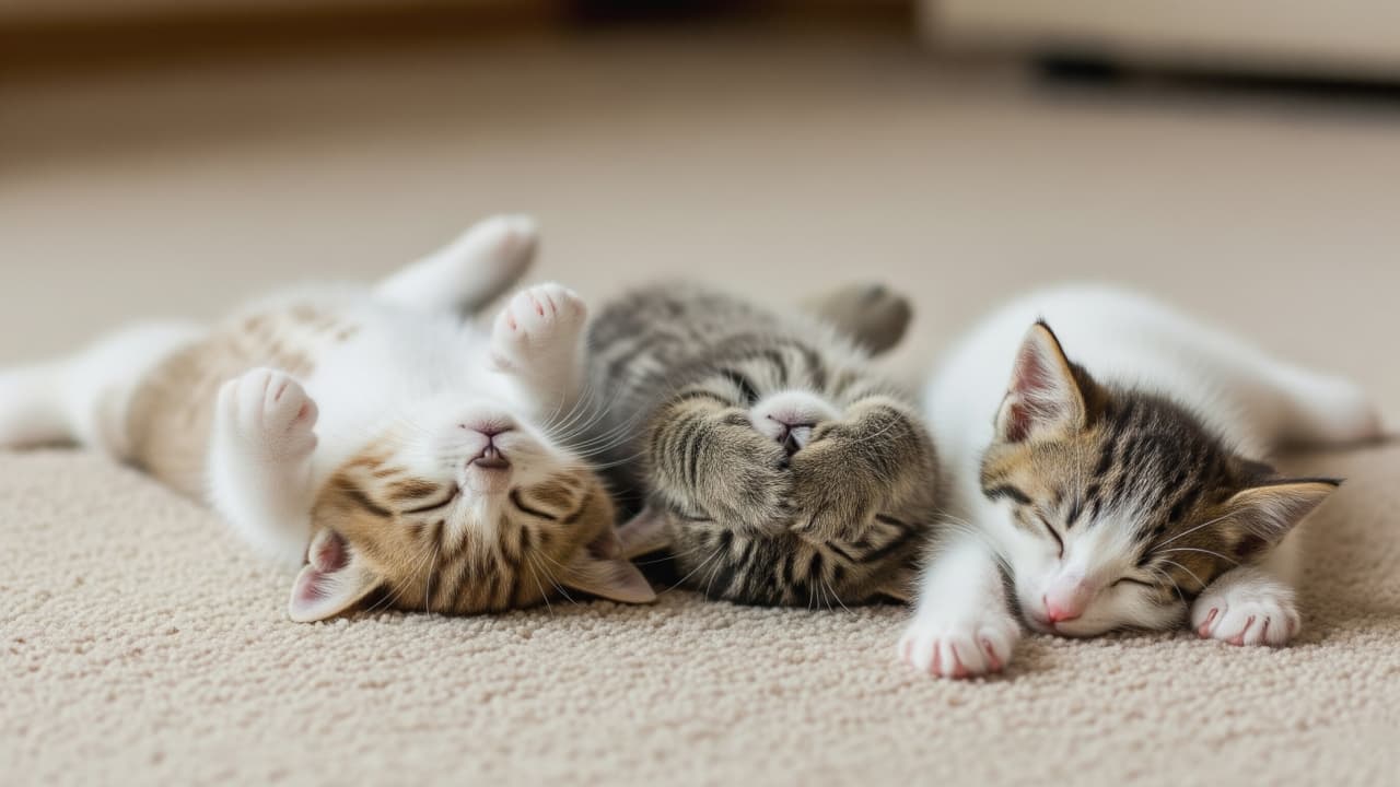 カーペットの上で仰向けに眠る3匹の子猫。左は白とオレンジのミックス、中央はグレーの縞模様、右は白と茶色の縞模様。中央の子猫は前足で顔を隠しており、3匹とも目を閉じてリラックスした表情