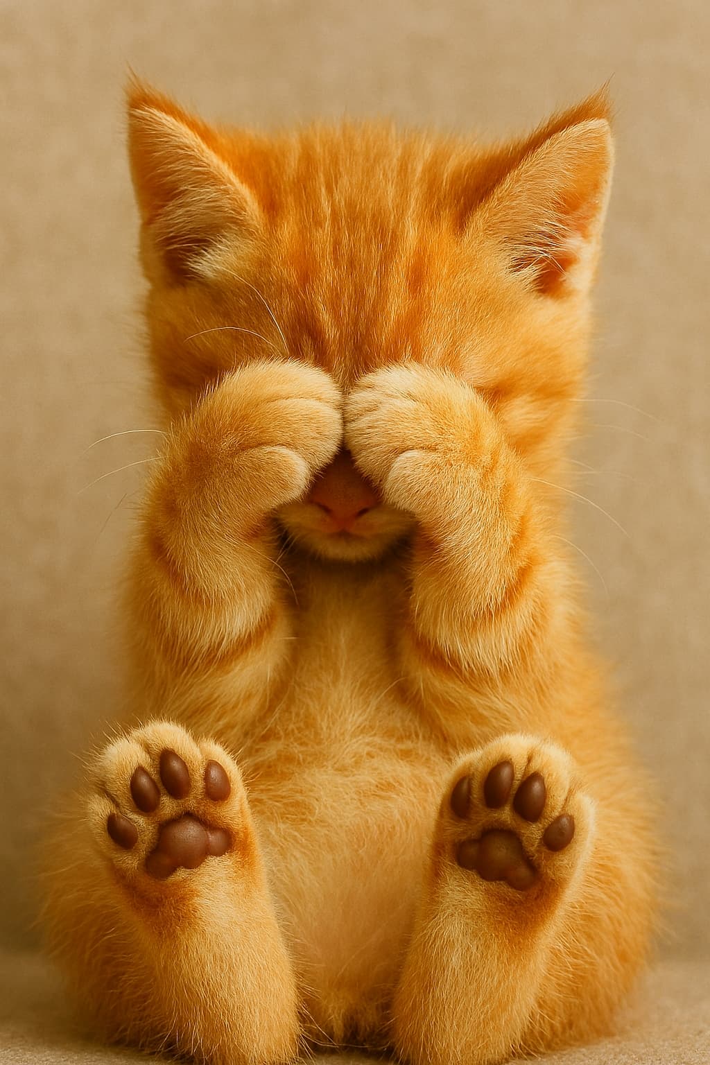 A shy kitten covering its face with both paws, showing the clean, plump paw pads to the viewer, soft fur and warm lighting creating a cozy, heartwarming scene.