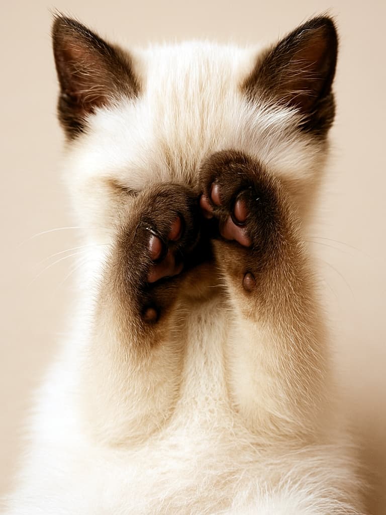 恥ずかしそうに両前足で顔を隠すシャムの子猫。ふわふわの肉球が正面からよく見え、柔らかな毛並みと淡い背景が温かい雰囲気を演出している。A shy Siamese kitten covering its face with both front paws, showing the soft, clean paw pads in full view, with gentle fur texture and a warm, neutral background.