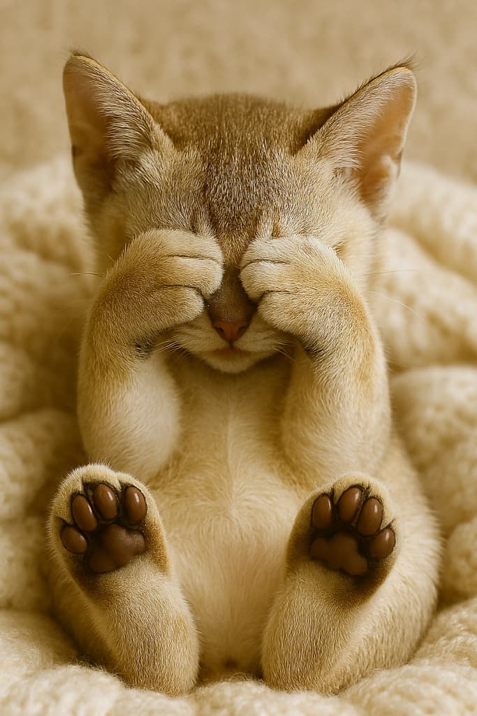 A Singapura kitten sitting on a cream-colored knitted blanket, covering its face with both paws, showing clean dark brown paw pads, with delicate warm lighting highlighting its soft beige fur and cozy setting.