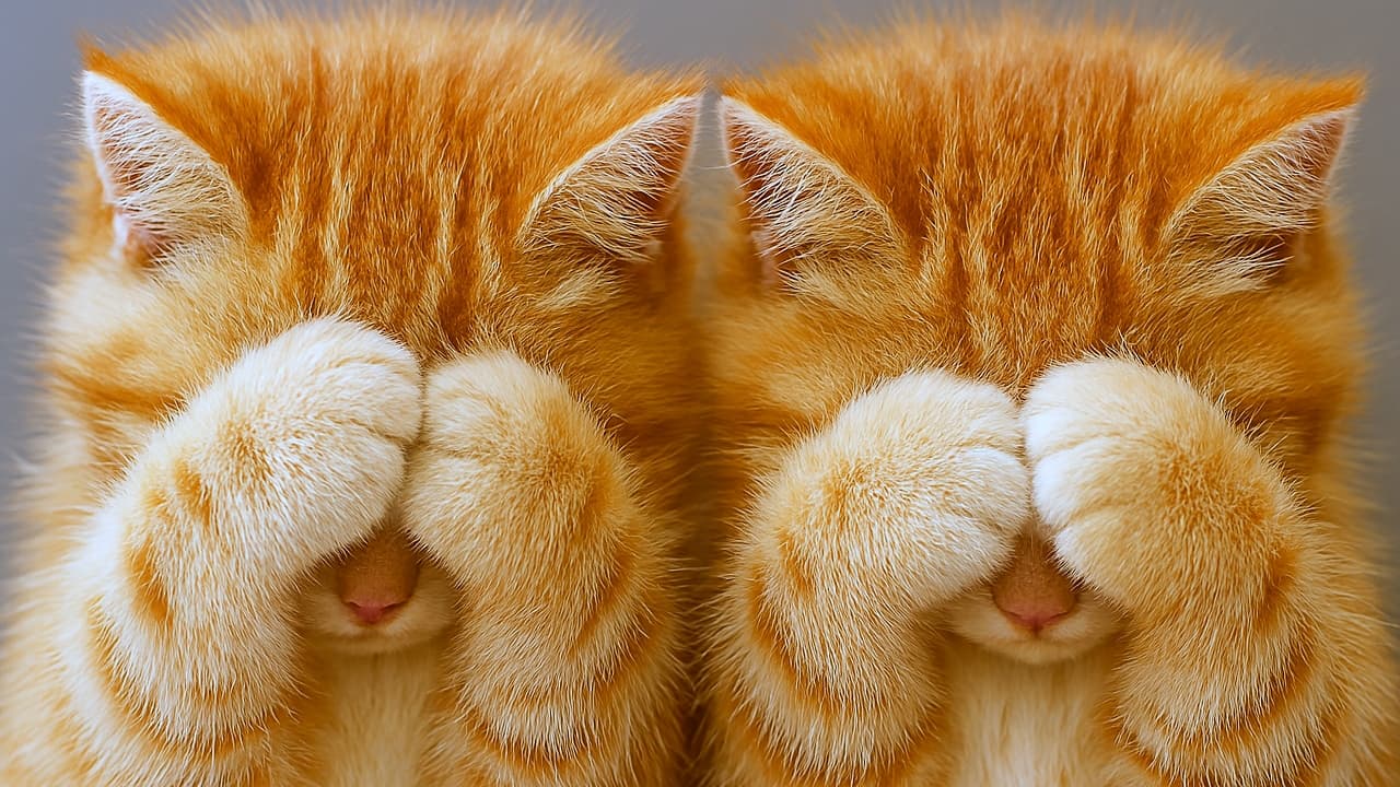 横並びに座った２匹のオレンジタビー子猫が、両前足で目を完全に隠し、恥ずかしそうにも眠たそうにも見える愛らしい姿。柔らかな灰色背景に、ふわふわの毛並みと温かみのある色合いが映える横長構図。Two orange tabby kittens sitting side by side, each covering its eyes completely with both front paws, appearing shy or sleepy. Soft gray background enhances their fluffy fur and warm tones in a horizontal composition.