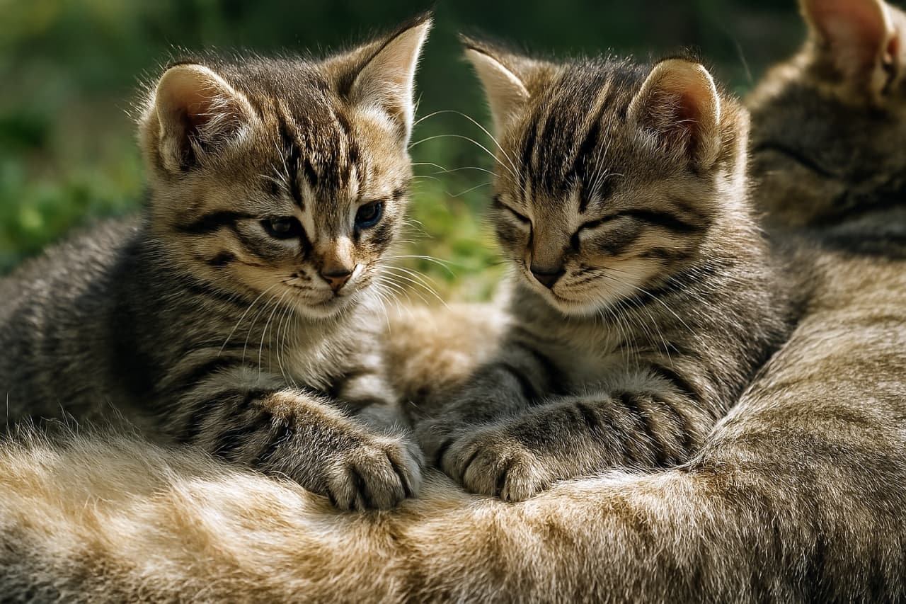 ふたりの茶トラ子猫が寄り添って座っている。左の子は瞳孔がはっきり見えるほど目が明るく、右の子は目を閉じてリラックスしている。背景は緑のぼかしで、屋外の柔らかな光が全体を包んでいる。Two tabby kittens sit closely together. The left kitten has bright eyes with visible pupils, while the right one is relaxed with eyes closed. The background is softly blurred greenery, suggesting an outdoor setting.