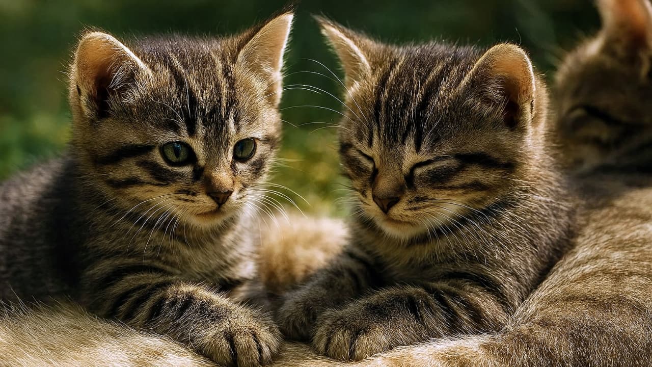 ふたりの茶トラ子猫が寄り添って座っている。左の子は瞳孔がはっきり見えるほど目が明るく、右の子は目を閉じてリラックスしている。背景は緑のぼかしで、屋外の柔らかな光が全体を包んでいる。Two tabby kittens sit closely together. The left kitten has bright eyes with visible pupils, while the right one is relaxed with eyes closed. The background is softly blurred greenery, suggesting an outdoor setting.