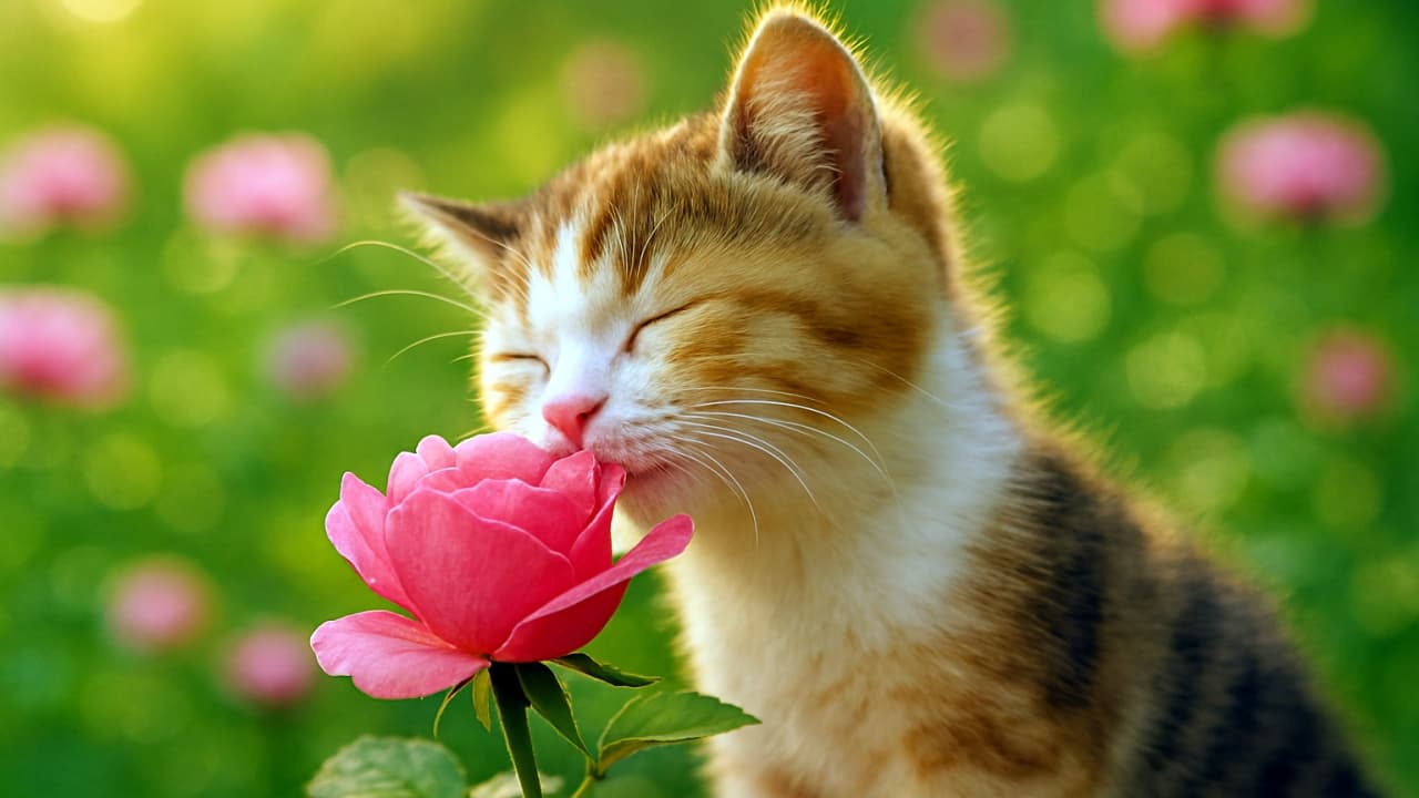 夕暮れの庭でピンクのバラに鼻先を寄せ、目を閉じてうっとりと香りを楽しむ三毛子猫。白・オレンジ・黒の毛並みが黄金色の光に包まれ、背景には柔らかくぼけたバラの花々が広がっている
