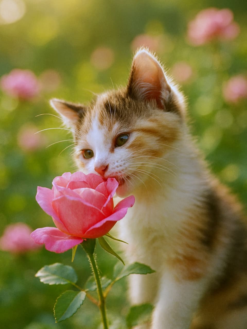 夕暮れの庭でピンクのバラをそっと嗅ぐ三毛子猫。白・オレンジ・黒の毛並みが黄金色の光に包まれ、背景には柔らかくぼけたバラの花々が広がっている