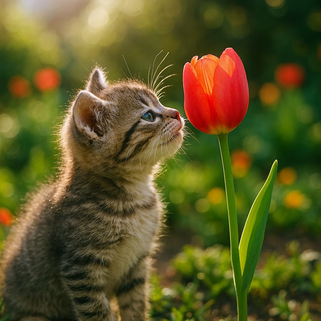朝の庭で赤いチューリップに鼻を近づけ、口を少し開けて話しかける子猫。暖かな朝日と色鮮やかな花々に囲まれた、やさしい春のワンシーン