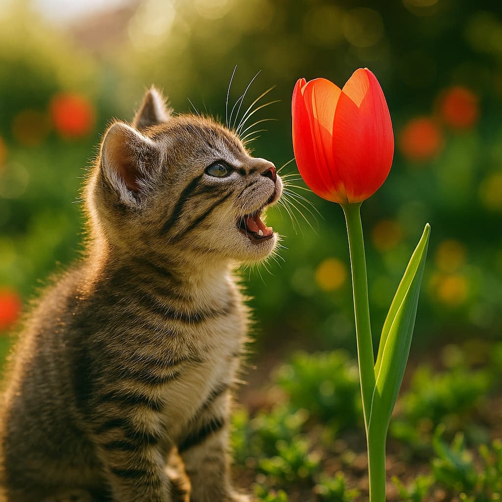 朝の庭で赤いチューリップに鼻を近づけ、口を少し開けて話しかける子猫。暖かな朝日と色鮮やかな花々に囲まれた、やさしい春のワンシーン