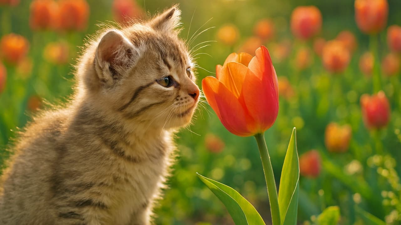 春の庭で、鼻をくっつけてチューリップに話しかけるような仕草をする茶トラ子猫。朝の柔らかな光に包まれた、温かく愛らしい瞬間