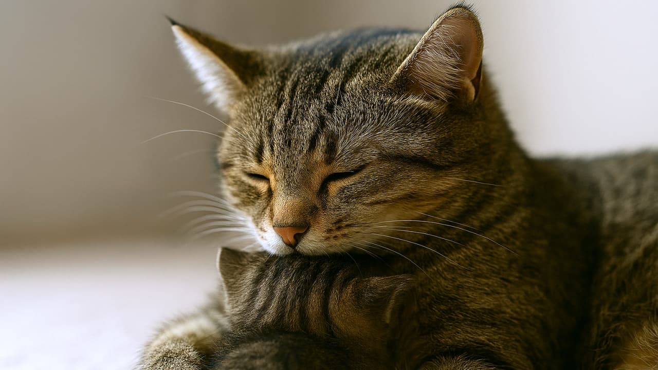 母猫が子猫を胸元で抱きしめている横長の構図。母猫は右側に位置し、子猫の背中を前足で包み込むように支えている。母猫の目は閉じられ、穏やかな表情で子猫の頭に鼻先を寄せている。背景は柔らかくぼかされ、自然光が毛並みに優しく差し込んでいる