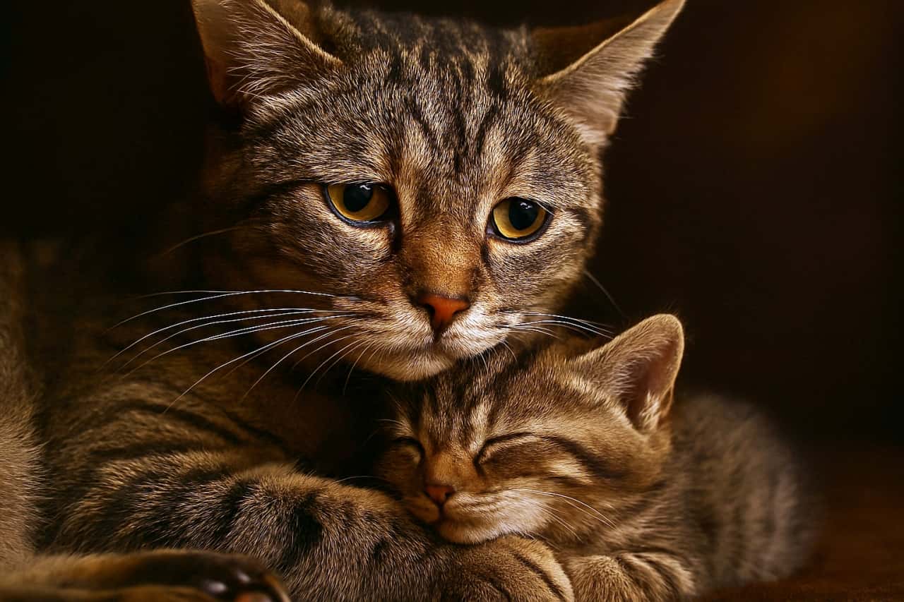 母猫が胸に子猫を抱きしめ、切なさと愛情を宿した瞳で遠くを見つめる。子猫は安心して眠り、静かな温もりに包まれている