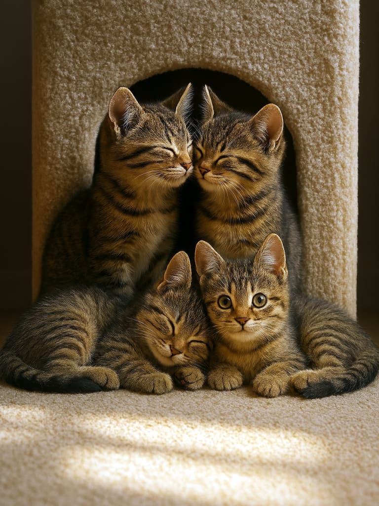 In a vertical composition, four tabby kittens cuddle in front of a beige carpeted cat house, bathed in soft natural sunlight. Two kittens in the back touch noses affectionately, while the front pair lie close together in a relaxed pose. Ultra-photorealistic fur texture and warm lighting convey intimacy and comfort. 縦長構図で撮影された4匹の茶トラ子猫が、ベージュのカーペット製キャットハウスの前で寄り添い、柔らかな日差しに包まれて穏やかな時間を過ごしている。後方の2匹は鼻を寄せ合い、前方の2匹はリラックスした姿勢で寄り添っている。毛並みの質感や光の陰影が超写実的に描写され、癒しと親密さが伝わる構図