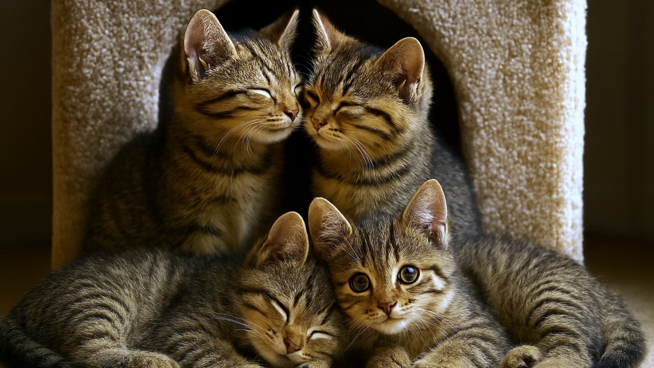 Four gentle-faced tabby kittens cuddle in front of a beige carpeted cat house, basking in warm sunlight. Two sit upright in the back, touching noses affectionately, while the front pair lie close together in a relaxed pose. Ultra-photorealistic fur texture and cinematic lighting evoke a cozy, peaceful atmosphere. 優しい表情の4匹の茶トラ子猫がベージュのカーペット製キャットハウスの前で寄り添い、温かい日差しに包まれて穏やかな時間を過ごしている。後ろの2匹は鼻を寄せ合い、前の2匹は頭を寄せてリラックスした姿勢。毛並みの質感と光の陰影が超写実的に描写されている
