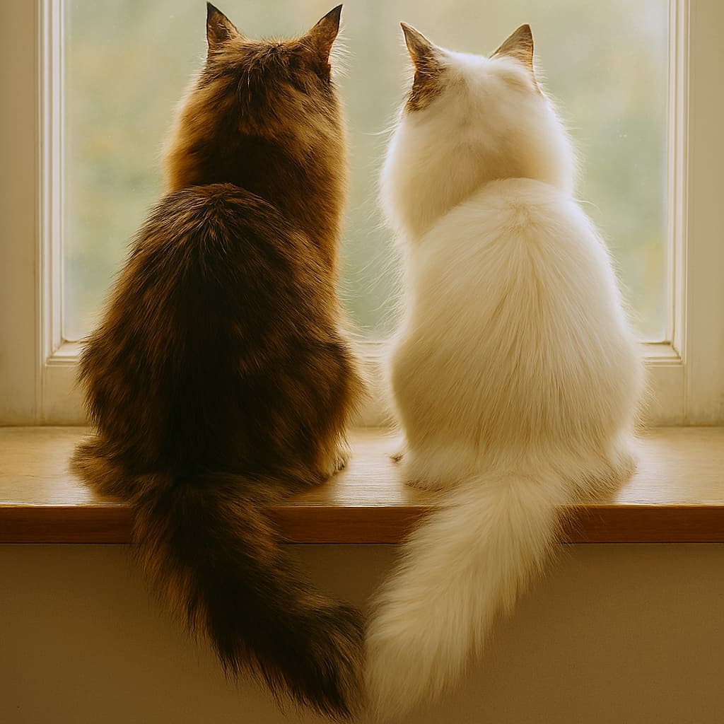 窓辺に並んで外を見つめるメインクーンと白いラグドール。しっぽを触れ合わせ、秋の午後の光に包まれている。A Maine Coon and a white Ragdoll sit side by side on a windowsill, their tails touching as they gaze outside in the soft afternoon light.