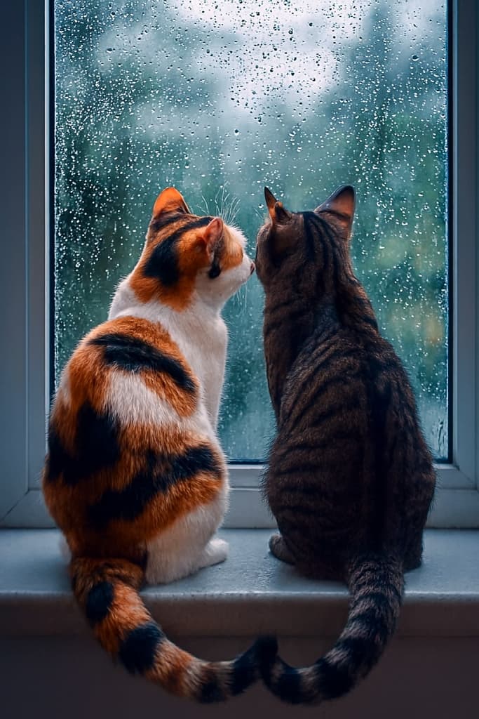 雨粒のついた窓辺に並ぶ三毛猫とキジトラ猫。鼻先を窓に寄せ、尾が軽く触れ合っている。外は雨でぼやけた緑の景色。A calico and a tabby press their noses to the rain-speckled glass, their tails touching in quiet harmony.