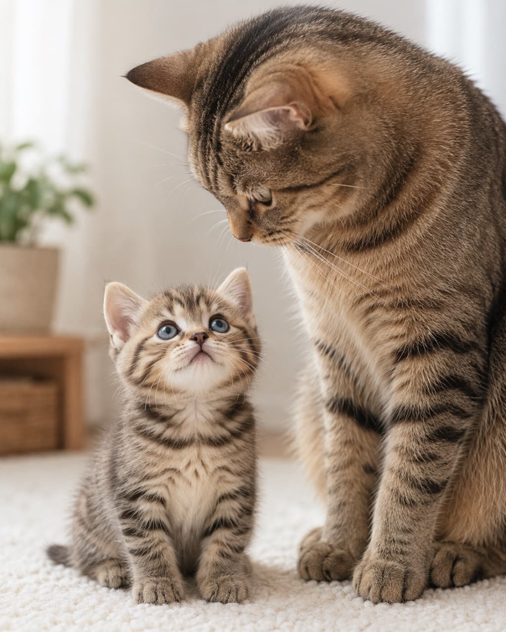 Ultra-realistic high-quality photograph of a brown tabby mother cat and kitten sitting on a white carpeted floor in a brightly lit home interior. The small kitten on the left has its face facing forward to the camera while its striking blue eyes look strictly upward toward the mother's face. Both of the kitten's ears remain fully visible, clearly defined, symmetrical, and unobstructed. The larger mother cat on the right sits looking down at the kitten with a quiet yet serious, watchful gaze. The background features softly blurred window curtains, a potted plant, and wooden furniture. The scene conveys a moment of quiet, serious education and deep emotional connection. 明るく柔らかな室内で、白いカーペットの上に座るキジトラ猫の親子のリアルな写真。左側に座る小さな子猫は、顔を正面に向けたまま、透き通るような青い目を真上にいる母猫の顔へと真っ直ぐに向けている。子猫の両耳は完全に、はっきりと、対称に見え、遮るものはない。右側に座る大きな母猫は、下の子猫を静かに、しかし厳格な眼差しで見下ろしている。背景にはカーテン越しの窓、鉢植え、木製の家具が柔らかくぼやけている