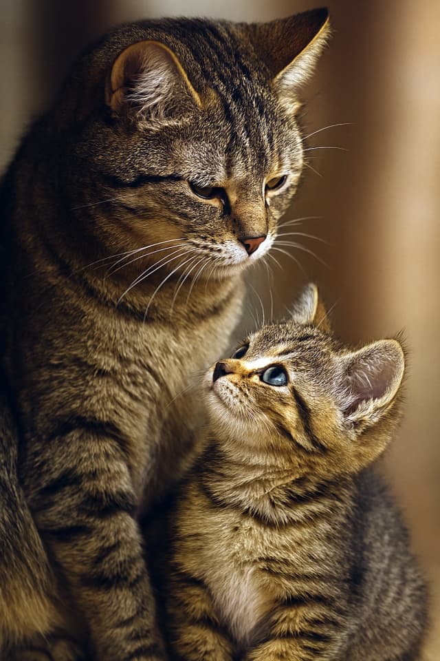 A vertical portrait of a brown tabby adult cat and a smaller tabby kitten facing each other closely. The kitten looks upward toward the adult, while the adult gazes gently downward. Both have striped fur and expressive eyes, with a softly blurred warm background emphasizing their intimate bond.