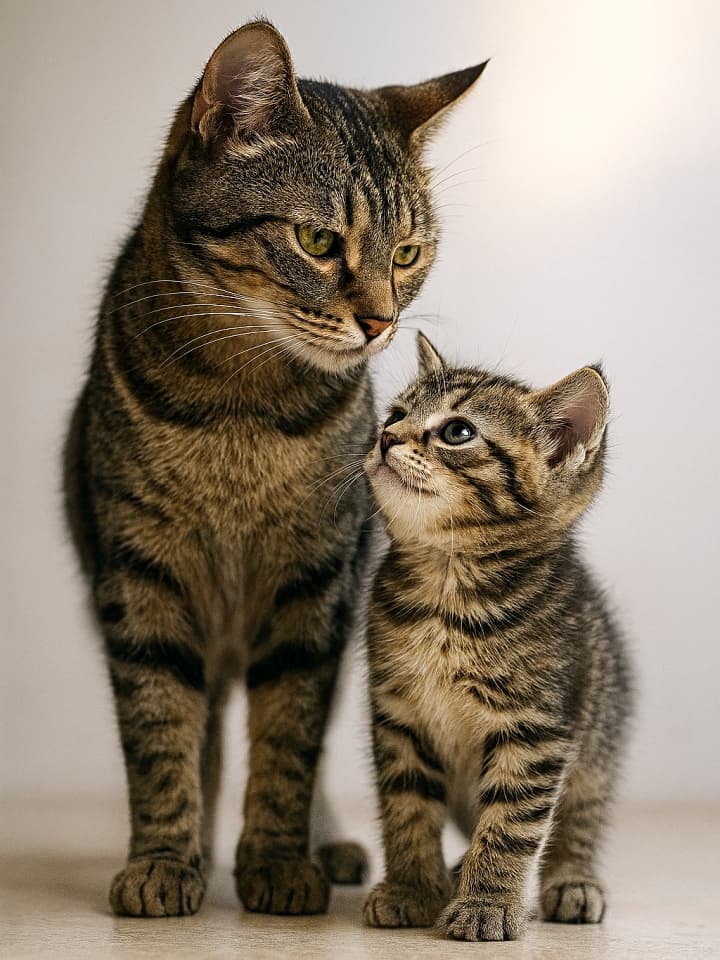 成猫が子猫を優しく見下ろし、子猫が見上げ返す、親子のような愛情あふれる瞬間を捉えたツーショット。両方とも縞模様の毛並みを持つタビー猫