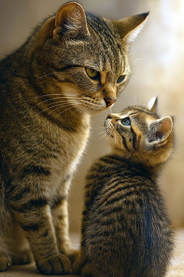 母猫が左に立ち、右にいる子猫が背中を母猫の胸に寄せながら見上げている。両者とも右向きで、柔らかな光に包まれた超写実的な縦構図ポートレート