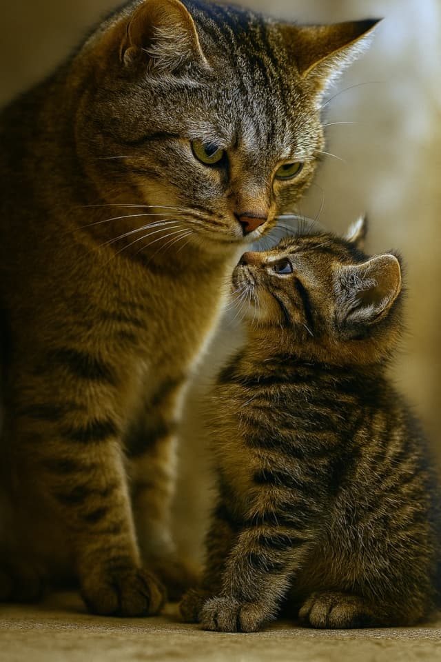 母猫が画面左、子猫が画面右に並び、両体は右向きで平行。子猫の背中が母猫の胸に沿い、顔は上を向いて母を見上げる。温かい自然光と浅い被写界深度で描かれた縦構図