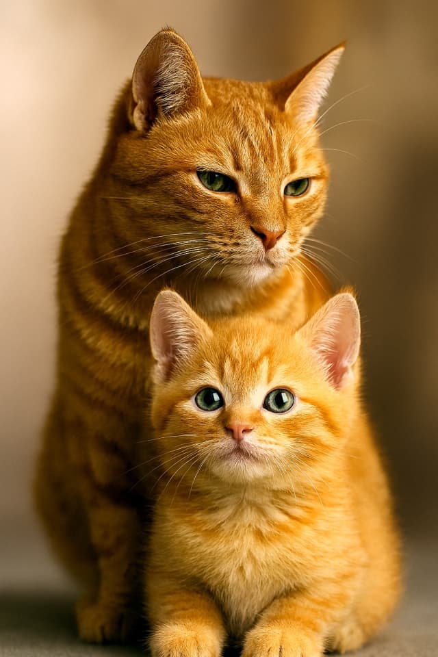 オレンジタビーの親子猫が寄り添い、少し横を向いて落ち着いた表情を見せる。柔らかな茶色の背景が毛色を引き立て、親密で温かな雰囲気を醸し出す