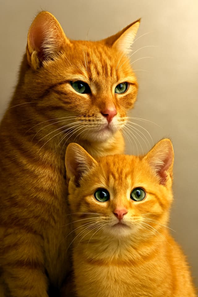 緑の瞳を持つオレンジタビーの親子猫が並んで少し横を見つめる。柔らかな光に照らされ、調和のとれた毛並みと落ち着いた雰囲気が際立つ