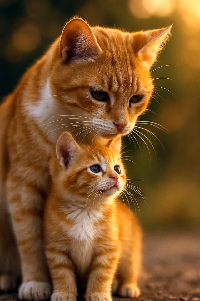 夕暮れの柔らかな光の中で寄り添うオレンジタビーの親子猫。成猫が子猫を優しく包み込むように寄り添い、温かさと安心感を感じさせる情景