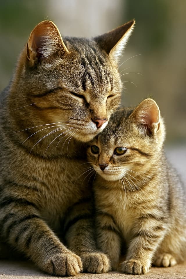 Adult tabby cat with eyes closed leaning gently against a kitten, which looks slightly aside, both surrounded by warm soft light creating a protective and cozy mood.